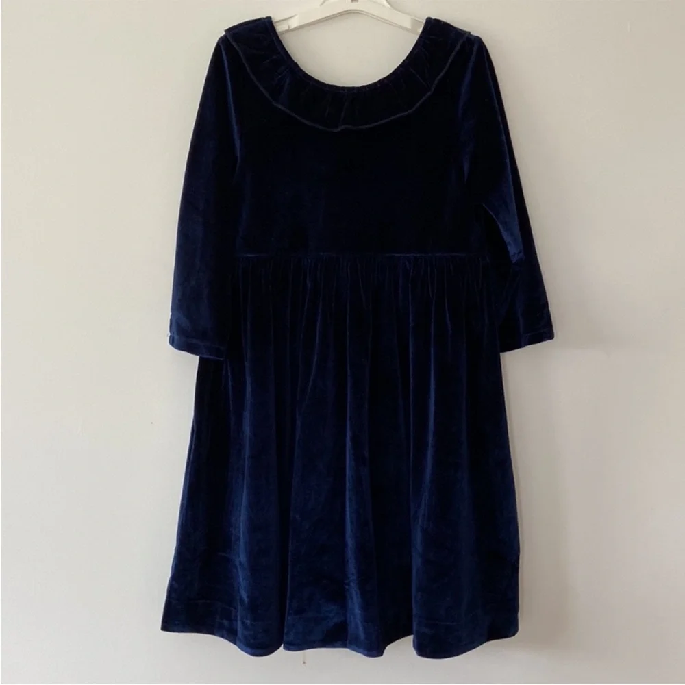 Pink Chicken Rich Navy Velvet Party Occasion Dress w Ruffle Collar- 5 T Girl